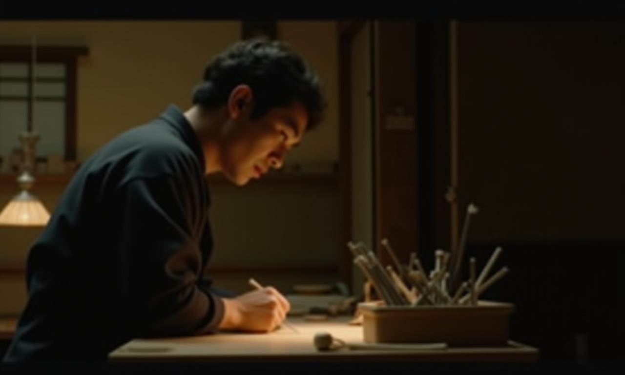 伝統的な工房で作業に集中する職人 (An artisan focused on their craft in a traditional workshop).