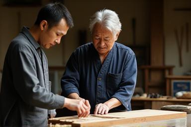 ベテラン職人が若者に技術を教えている様子 (A veteran artisan teaching a young person).